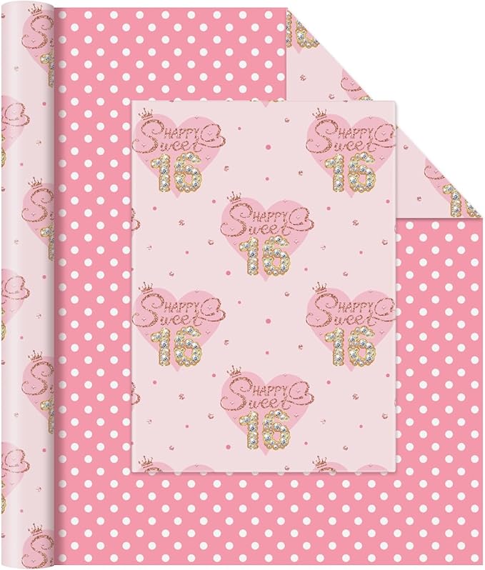 WERNNSAI Sweet 16 Birthday Wrapping Paper - 1 Roll 17”x 33ft Happy Birthday Wrapping Paper Pink Love Heart Gift Wrap for Girls Daughter Granddaughter Friends Sweet Sixteen Gifts Supply