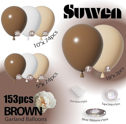 SUWEN 153Pcs Brown Balloons Garland Arch Kit Different Sizes 18 10 5 inch Dark Light Brown Nude White Balloons for Neutral Bear Birthday Thanksgiving Bridal Shower Gender Reveal Party Decorations