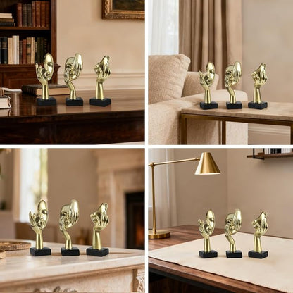 Modern Living Room Decoration - Gold Abstract Sculpture Decor For Shelves, Thinker Statues Set Of 3, Resin Face Knick Knacks Home Decor For Office Bookshelf, Shelf Side, Table, Gift For Friends