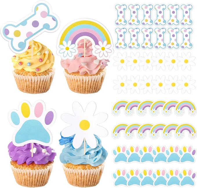 Foilswirl 48 Pcs Blue Dog Cake Cupcake Toppers Set Cartoon Paw Daisy Dog Cake Topper Birthday Decorations Flowers Daisy and Rainbow Topper Party Supplies for Blue Puppy Theme Shower Supplies