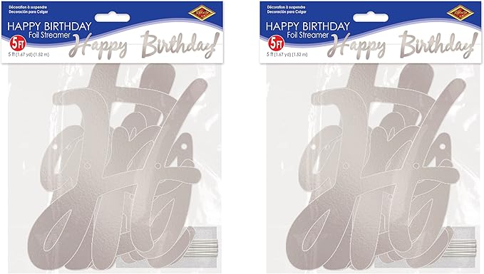 Beistle Happy Birthday Banners 2 Piece Hanging Decorations Party Streamers, 9" x 5', Silver
