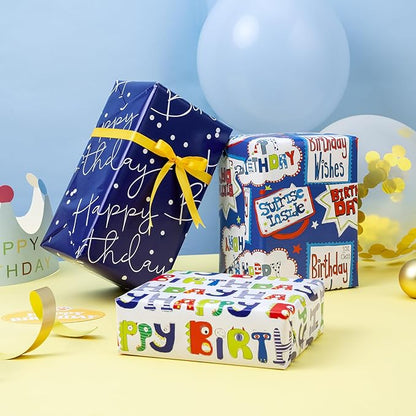 WRAPAHOLIC Birthday Wrapping Paper Sheet - 6 Sheets Balloon and Happy Bday Lettering Design Folded Flat for Birthday, Party, Baby Showers - 19.7 Inch X 27.5 Inch Per Sheet