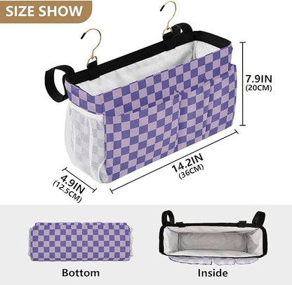 Purple Checkerboard Print Bedside Caddy Storage Bag Bedside Organizer for Bunk Bed Headboards College Organizer Caddy Hanging Shelf 6 Pockets with Hooks for Drinks Magazine Phone Holder
