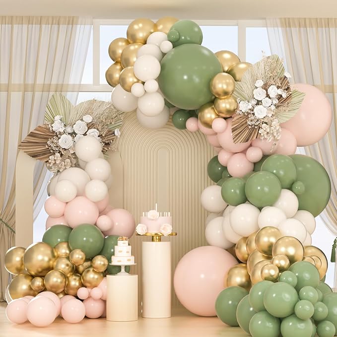 Sage Green Gold Pink Balloon Arch Kit, 163pcs Olive Green Pink Sand White Balloons for Birthday Wedding Baby Shower Gender Reveal Anniversary Bachelorette Parties