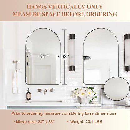 ANDY STAR Arched Wall Mirror, 24 x 38 Inch Brushed Nickle Bathroom Mirror in Stainless Steel Metal Frame, Arch Top Rounded Corner 1 Inch Deep Set Design Wall Mount Hangs Vertical