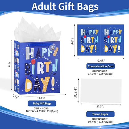 Powbrace 13" Blue Happy Birthday Bag with Tissue Paper and Greeting Card for Party,Happy Birthday Gift Bag for Boys, Girls, Kids, Men Women,Gift Bags Medium size (1 PCS Blue, Gift Bag)