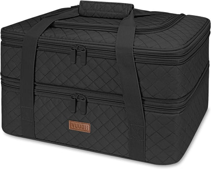 Vuudh Quilted Double Decker Casserole Carrier - Expandable Dish Carrying Case for Hot or Cold Food, Lasagna Holder for Potluck Parties, Picnic, Beach, Fits 9"×13" Baking Dish (Black)