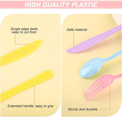300 Pieces Pastel Plastic Silverware Heavy Duty Plastic Cutlery Set Heavyweight Disposable Utensils Includes Spoons Forks Knives for Birthday Wedding Dinner, Macaron Colors