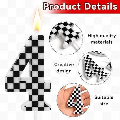 Racing Car Themed Birthday Candles, Number 4 Checkered Candles, Black & White Checkered Cake Decoration, Car Cake Topper for Party Decoration Theme Party Supplies