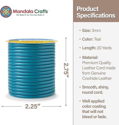 Mandala Crafts Round Genuine Teal Leather Cord for Jewelry Making – 3mm Cowhide Leather Rope String Lace for Kumihimo – 20 Yards Cowhide Craft Cording Spool