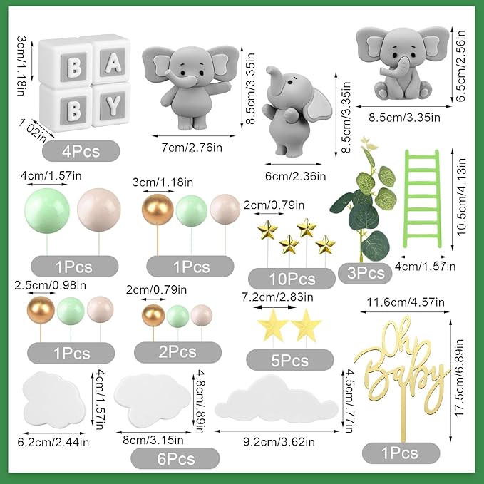 Yinder Bear Cake Toppers Mini Bear Cake Decorations Cake Toppers Gold White Pearl Ball for Birthday Party Decorations(Green,Elephant Style)
