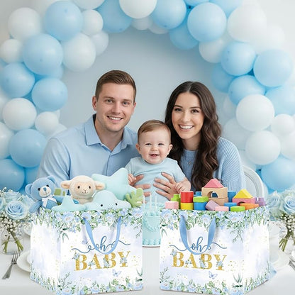 Woosytoo Extra Large Baby Boy Gift Bag, Baby Shower Square Gift Bags Blue Floral Wrapping Paper Bag Oh Baby Jumbo Gift Bags for Boys New Parents Gender Reveal Party Favors
