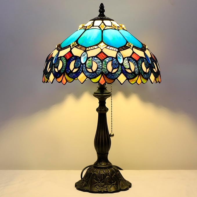 Tiffany Table Lamp Stained Glass Lamp 12X12X19 Inch Antique Reading Light (Blue Jewelry Baroque)