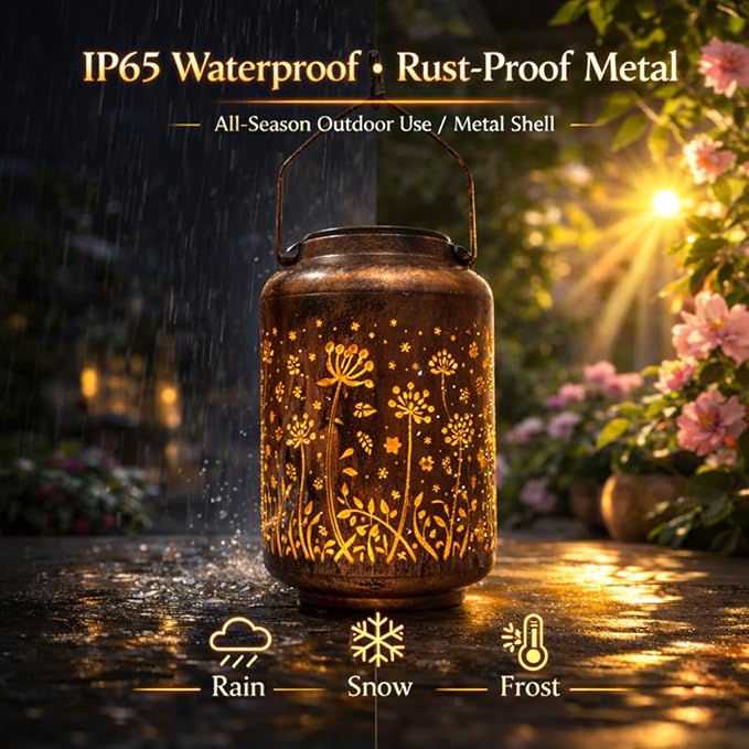 Solar Lanterns Outdoor Waterproof - Retro Metal Hanging Solar Lights with Dandelion Hollow-Out Pattern, Decorative Garden Decor for Outside Patio Yard Porch, Unique Floral Gifts for Women Mom Grandma