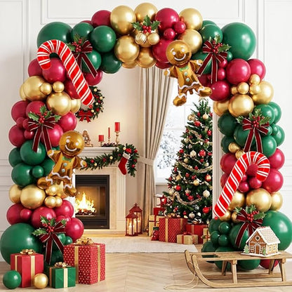 PartyXpress 135PCS Christmas Balloon Arch Garland Kit with Dark Green Red Gold Cane Gingerbread Man Balloons for Xmas Party Backdrop, Holiday Birthday Decorations, Christmas Garland Indoor