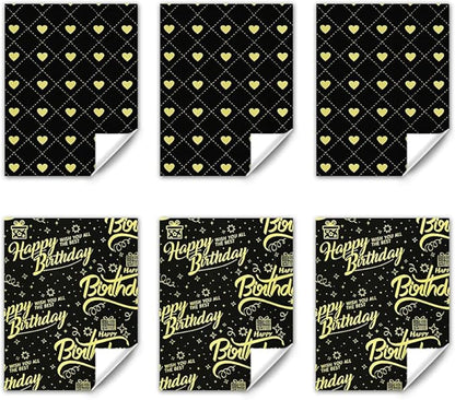Happy Birthday Wrapping Paper for Man Women,6 Sheets Black Gold Birthday Love Heart Gift Wrapping Paper with 2 Greeting Cards for Girl Boy Wedding Graduation Christmas Gift Wrap Paper,28*20 Inch