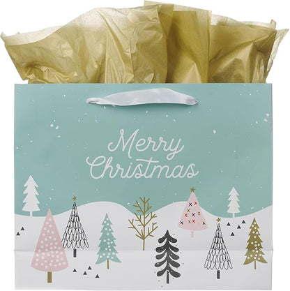 Christian Art Gifts Large Landscape Inspirational Scripture Holiday Gift Bag, Tag & Wrapping Tissue Paper Set for Women: Merry Christmas, Cute Sturdy Satin Ribbon Handles, Teal/Pink Pastel Multicolor