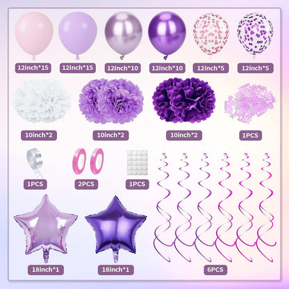Purple Birthday Decorations, Purple Party Decorations with Balloons Happy Birthday Banner Bday Sash and Crown Tablecloth Fringe Curtain Paper Pom Poms for Women Girls Bday Decor