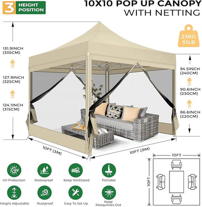 COBIZI 10x10 Heavy Duty Pop Up Canopy Tent with 4 Sidewalls, Easy Set Up Outdoor Waterproof Screen Commercial Party Tent with Mosquito Netting for Parties Backyard Patio, Carry Bag, Khaki
