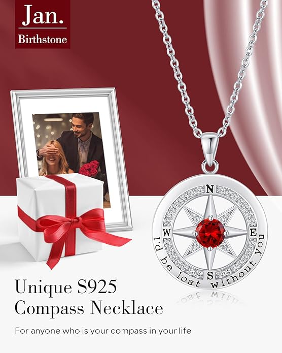 S925 Necklace Gift for Wife |Compass Jewelry |Women Anniversary |Sterling Silver |Girlfriend Birthday Gifts for Her Valentines |I'd be Lost without You |Jewel 18K Gold
