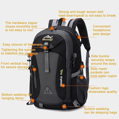 40L Hiking Backpack, Lightweight Daypack for Men Women, Polyester Rucksack, Breathable Backpack with Multi Pockets for Camping Walking Commuting Outdoor Short Trips - Black