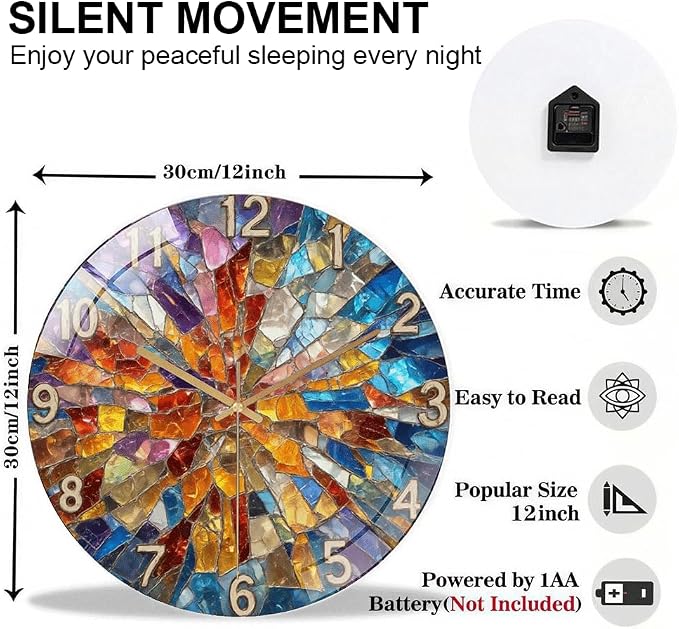 12 Inch Colorful Mosaic Glass Wall Clock Silent Art Decor | Silent glossy clock with a vibrant stained glass mosaic design, perfectly tracking time to brighten your living room