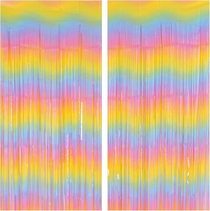 PIGETALE Pastel Rainbow Foil Fringe Curtains, 2Pcs 3.2x8.2ft Metallic Tinsel Foil Streamers Colourful Photo Booths Props Backdrop for Easter Princess Birthday Wedding Engagement Party Decorations