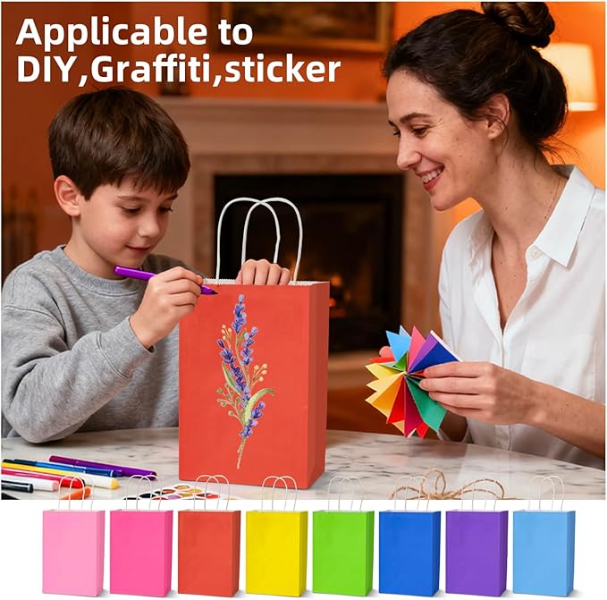 Klean & Conwenice 32Pcs Paper Gift Bags with Handles5.25x7.9x3.15'', 8 colors,Small Size ,Kraft Paper Party Favor Bags ,Rainbow Goodie Bags For Christmas Halloween Kids Birthday Party Baby Shower Party Supplies