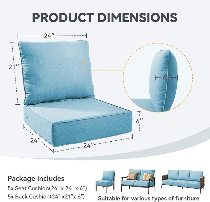 Outdoor Cushion Set for Furniture Patio Furniture, UV Resistant, Water Resistant - 6 Inch Thick Foam Garden Cushions– 24x24 Inch Patio Seat Covers for Chair/Sofa/Couch | Light Blue | 5-Pack |