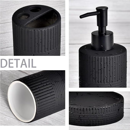Matte Black Bathroom Accessories Set, 4PC Embossing Ceramic Bathroom Sets Complete-Toothbrush Holders, Soap Dispenser, Soap Dish, Toothbrush Cup, Black Bathroom Decor, Bathroom Countertop Organizer