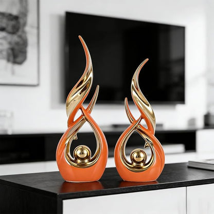 2 PCS Orange Gold Ceramic Statues For Home Decor Accents, Modern Abstract Art Sculptures, Elegant Tabletop Decorative Objects For Dining Room, Entryway, Tv Stand, Mantel, Coffee Table Centerpieces