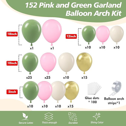152Pcs Pink and Green Balloon Garland Arch Kit - Sage Green and Pink White Sand Gold Different Size Balloons for Girl Baby Shower Wedding Birthday Jungle Safari Woodland Party Decorations