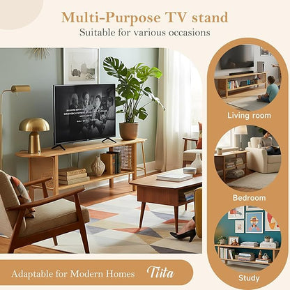 Tiita TV Stand with Storage for TVs up to 65'', Bamboo TV Console Entertainment Center with 2 Open Shelf, Mid Century Modern Media Console for Living Room, Bedroom, Wood