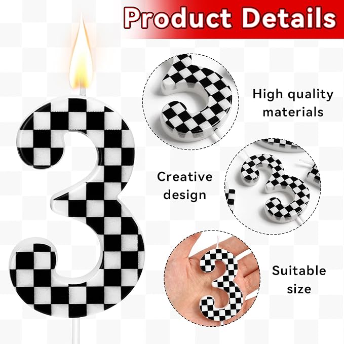 Racing Car Themed Birthday Candles, Number 3 Checkered Candles, Black & White Checkered Cake Topper, Cool Racing Themed Party Supplies, Special Candle