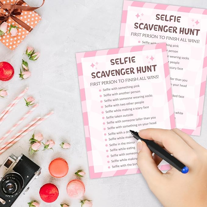 Selfie Scavenger Hunt Birthday Party Games Cards for Birthday Sleepover Slumber Party Pink Sweet Party Favors & Supplies Activity for Women Set of 20 - YY026