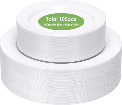 Moretoes 100PCS White Plastic Plates Disposable 10.25inch Dinner Plates and 7.5inch Dessert Salad Plate Heavy Duty Plate for Wedding Party and Birthday