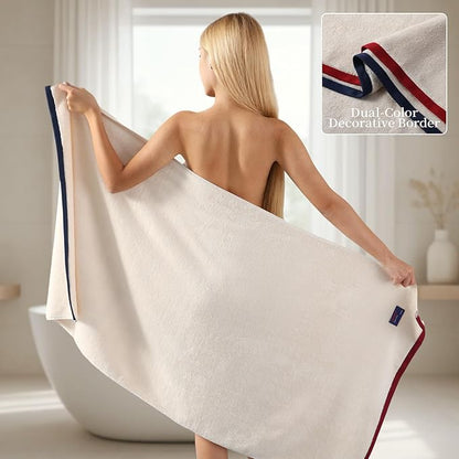 REDKISS 2 Pack Cotton Bath Towels, Soft Absorbent 600 GSM, 27x54 Inch | Quick Dry | Reinforced Stitching | Modern Contrast Border Design | Machine Washable | Bathroom, Gym|Spa & Guest Use | Beige