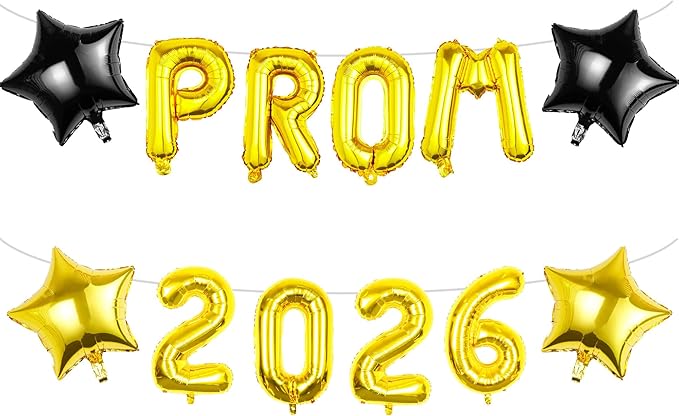 Prom 2026 Balloons Decorations, 16 Inch Foil Letter Number Balloons with 18 Inch Black Gold Star Balloons for High School College Graduation Gift Retirement Ins Photo Party Supplies