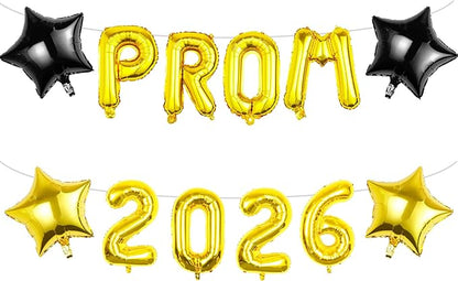 Prom 2026 Balloons Decorations, 16 Inch Foil Letter Number Balloons with 18 Inch Black Gold Star Balloons for High School College Graduation Gift Retirement Ins Photo Party Supplies