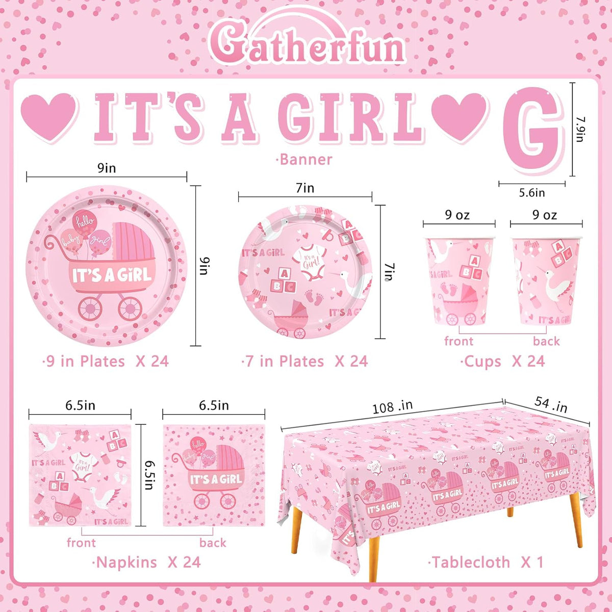 Baby Girl Shower Decorations for 24 Guests - It’s A Girl Decorations Kit Including Disposable Plates, Napkins, Cups, Tablecloth & Banner for Baby Shower Decorations Girl