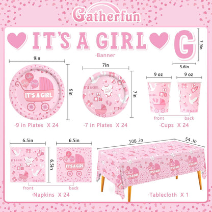 Baby Girl Shower Decorations for 24 Guests - It’s A Girl Decorations Kit Including Disposable Plates, Napkins, Cups, Tablecloth & Banner for Baby Shower Decorations Girl