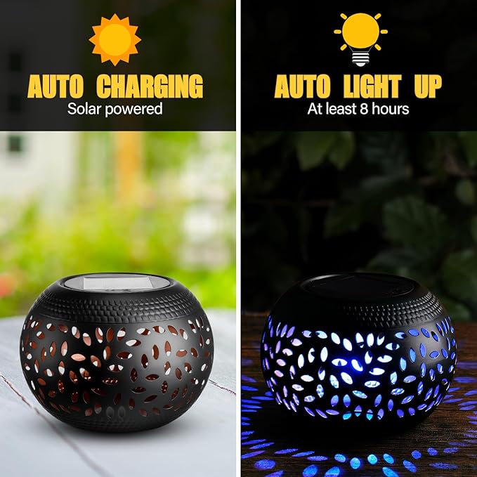 Reginary 1 Pcs Solar Lanterns Waterproof Outdoor Decor, Hollow Out Retro Metal Solar Lights 7 Color 2 Modes Decorative Atmosphere Table Lantern for Women Mom Gifts Patio Garden Pathway Yard (Black)