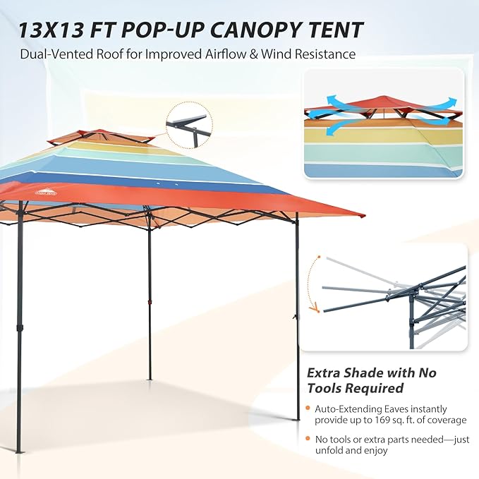 EAGLE PEAK 13x13 Straight Leg Pop Up Canopy Tent Instant Outdoor Canopy Easy Single Person Set up Folding Shelter w/Auto Extending Eaves 169 Square Feet of Shade (Retro Stripe Multi)