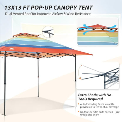 EAGLE PEAK 13x13 Straight Leg Pop Up Canopy Tent Instant Outdoor Canopy Easy Single Person Set up Folding Shelter w/Auto Extending Eaves 169 Square Feet of Shade (Retro Stripe Multi)