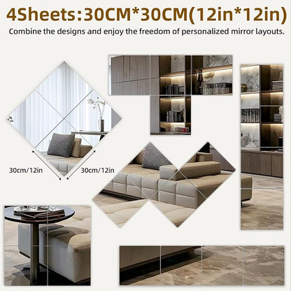 Stick on Small Mirror for Wall Decor,4 Pack 13.8”x13.8” Acrylic Mirror Tiles, Plastic Non Glass Sticky Kids Safety Toddler Mirrors, Shatterproof Mirrors Sheet for Bedroom Closet