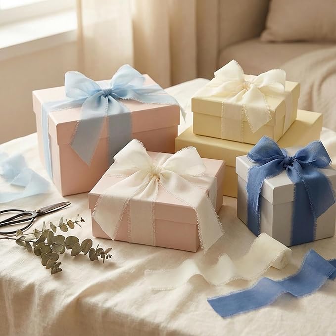 Frayed Edge Chiffon Ribbon 3 Pack, 1.5 Inch Wide Polyester Ribbon, 21 Yards Total in Sky Blue, Beige and Smoky Blue for Wedding Bouquet Wrapping, Gift Packaging and DIY Crafts