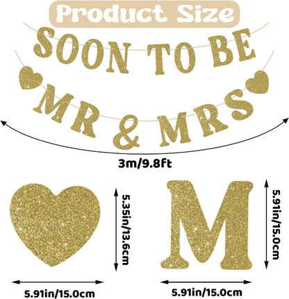 Soon To Be Mr & Mrs Sign Banner for Bridal Shower Decorations, Pre-Strung Gold Glitter Wedding Banner Decorations, Engagement Banners for Mantle Hanging Sign Couples Shower Decors