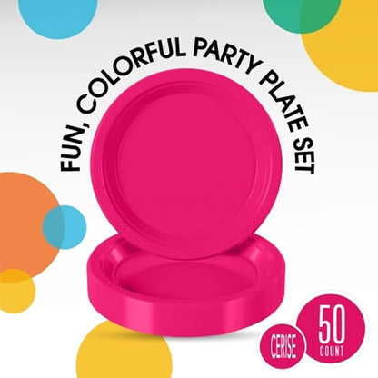 Exquisite Party Solids Hot Pink Plastic Plates For Party Supplies 9" Hot Pink Disposable Plates Heavy Duty 50 Pcs Plastic Dinnerware Sets Heavy Duty 350 GSM Disposable Dinnerware Set