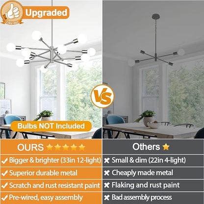 10.9"-52.3" Height Adjustable Modern Chandelier Ceiling Light Fixture, 12-Light Sputnik Chandeliers Chrome Mid Century Chandelier Over Table, Chandeliers for Dining Room Living Room Kitchen Hallway