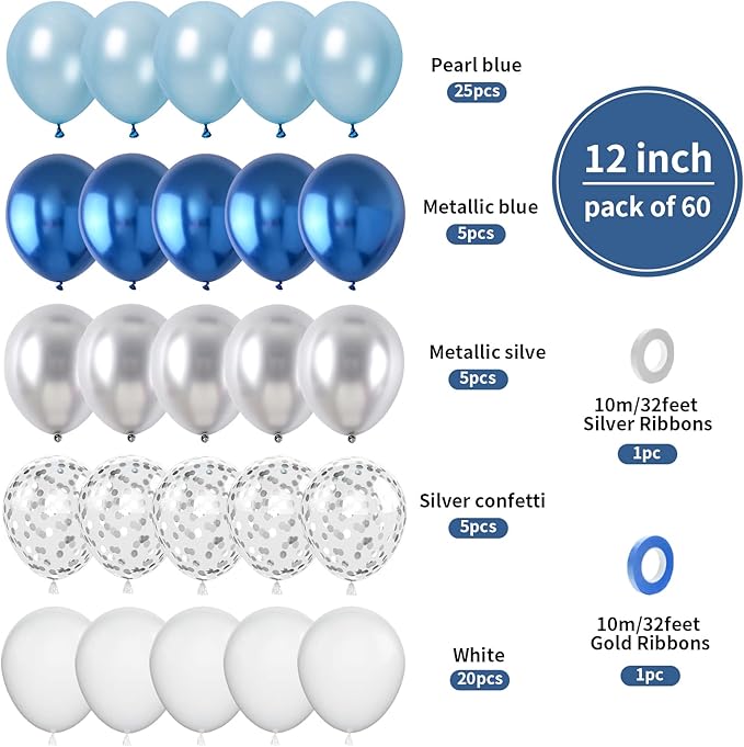 Biapian Blue White Balloons Set, 60PCS Blue Silver Birthday Balloons, 12Inch Blue and White Latex Balloon Metallic Silver Blue Helium Balloon for Boys Birthday Baby Shower Wedding Party Decoration